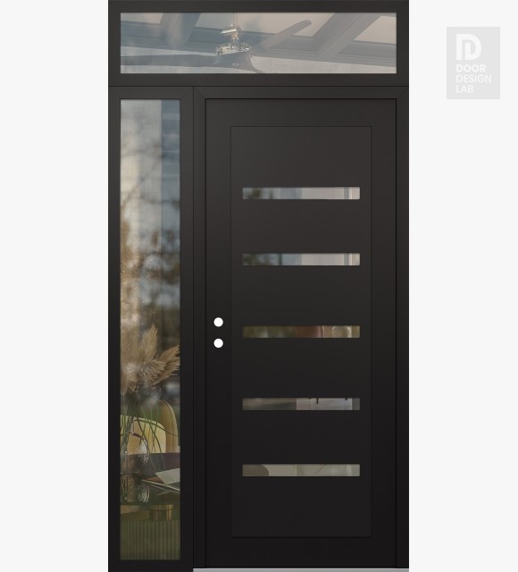Modern Steel Front Door Diamond C7 50" x 96" black/black clear Glass Panel black RHI with Sidelite and Transom clear Glass
