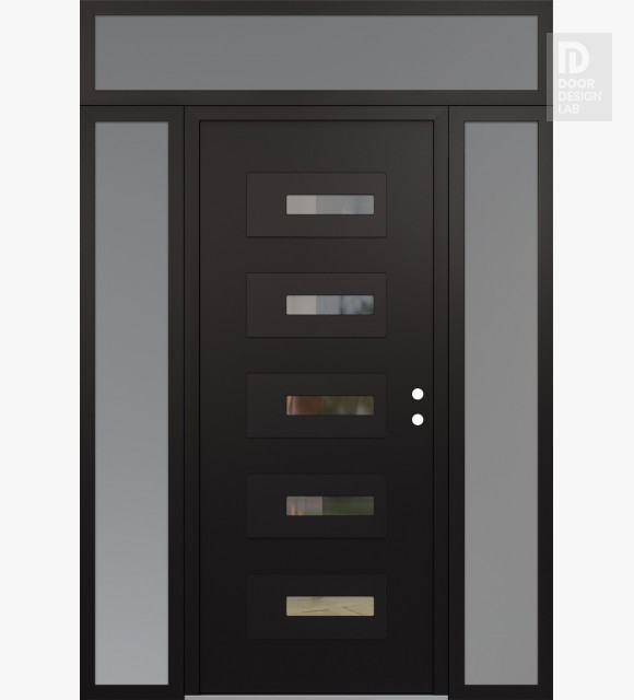 Modern Steel Front Door Diamond D6 60" x 96" black/black clear Glass Panel black LHI with 2 Sidelites and Transom frosted Glass