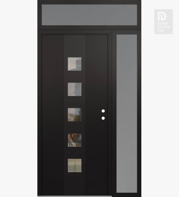 Modern Steel Front Door DIAMOND A13 52" X 96" BLACK/BLACK CLEAR GLASS PANEL BLACK LHI WITH SIDELITE AND TRANSOM FROSTED GLASS