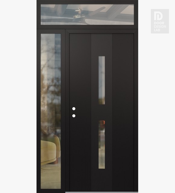 Modern Steel Front Door DIAMOND A6 52" X 96" BLACK/BLACK CLEAR GLASS PANEL BLACK RHI WITH SIDELITE AND TRANSOM CLEAR GLASS