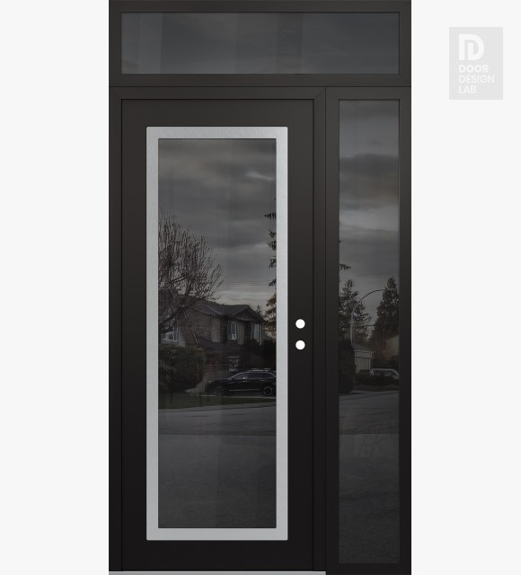 Modern Steel Front Door Diamond C1 50" x 96" black/black mirrored Glass Panel stainless steel LHI with Sidelite and Transom mirrored Glass