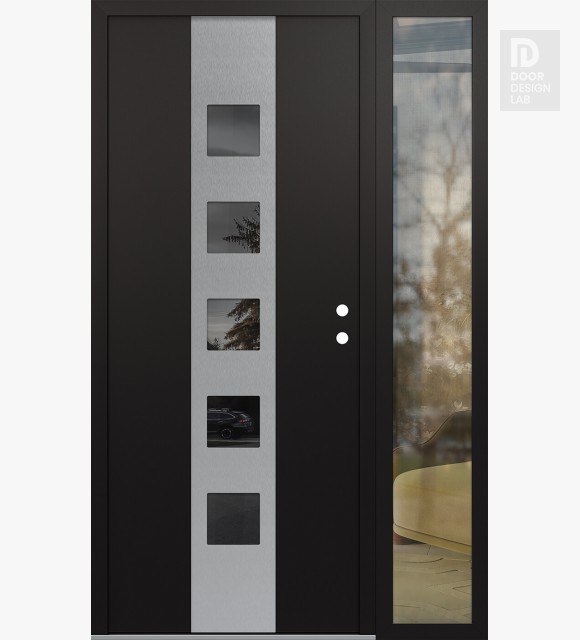 Modern Steel Front Door DIAMOND A13 50" X 80" BLACK/BLACK MIRRORED GLASS PANEL STAINLESS STEEL LHI WITH SIDELITE CLEAR GLASS