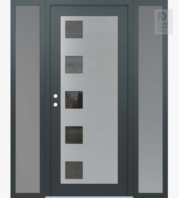 Modern Steel Front Door Diamond C5 64" x 80" anthracite/anthracite mirrored Glass Panel stainless steel RHI with 2 Sidelites frosted Glass