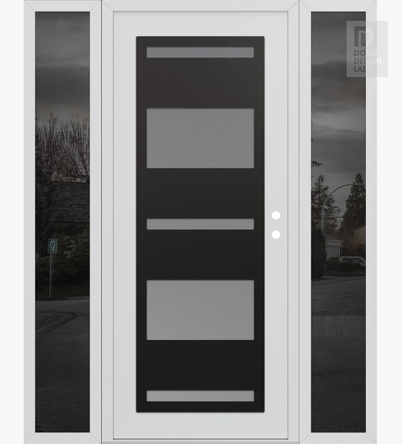 Modern Steel Front Door Diamond C10 68" x 80" white/white frosted Glass Panel black LHI with 2 Sidelites mirrored Glass