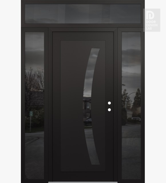Modern Steel Front Door Diamond C4 60" x 96" black/black mirrored Glass Panel black LHI with 2 Sidelites and Transom mirrored Glass