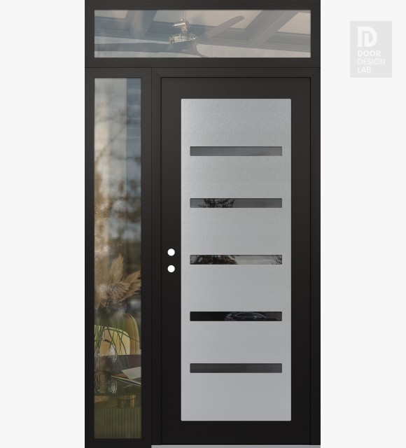 Modern Steel Front Door Diamond C7 50" x 96" black/black mirrored Glass Panel stainless steel RHI with Sidelite and Transom clear Glass