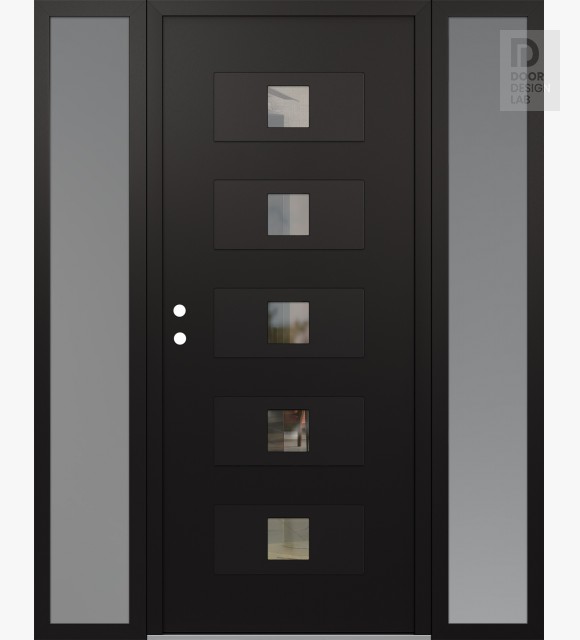 Modern Steel Front Door Diamond D8 64" x 80" black/black clear Glass Panel black RHI with 2 Sidelites frosted Glass