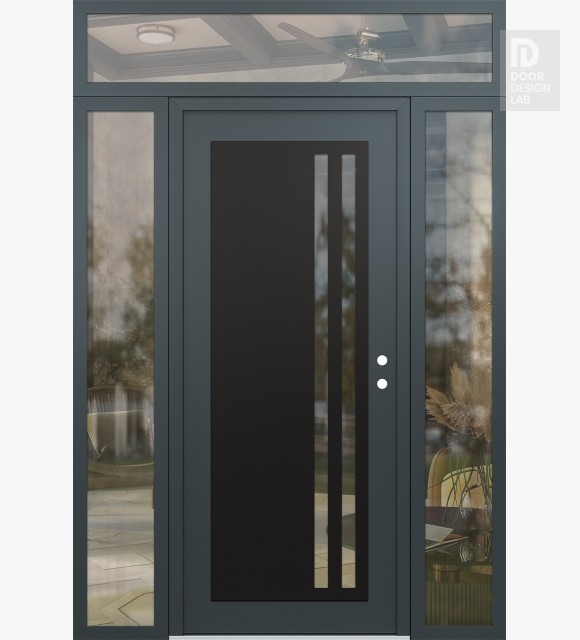 Modern Steel Front Door Diamond C6 68" x 96" anthracite/anthracite clear Glass Panel black LHI with 2 Sidelites and Transom clear Glass