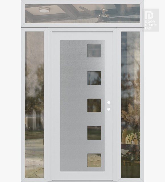 Modern Steel Front Door Diamond C5 60" x 96" white/white clear Glass Panel stainless steel LHI with 2 Sidelites and Transom clear Glass