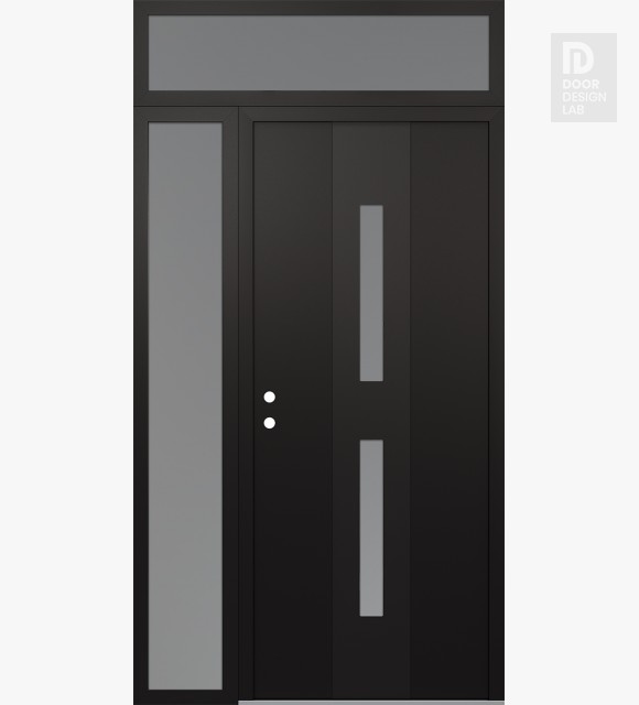 Modern Steel Front Door DIAMOND A6 52" X 96" BLACK/WHITE FROSTED GLASS PANEL BLACK RHI WITH SIDELITE AND TRANSOM FROSTED GLASS