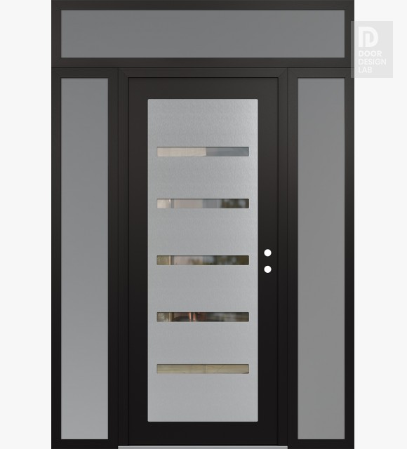 Modern Steel Front Door Diamond C7 64" x 96" black/black clear Glass Panel stainless steel LHI with 2 Sidelites and Transom frosted Glass