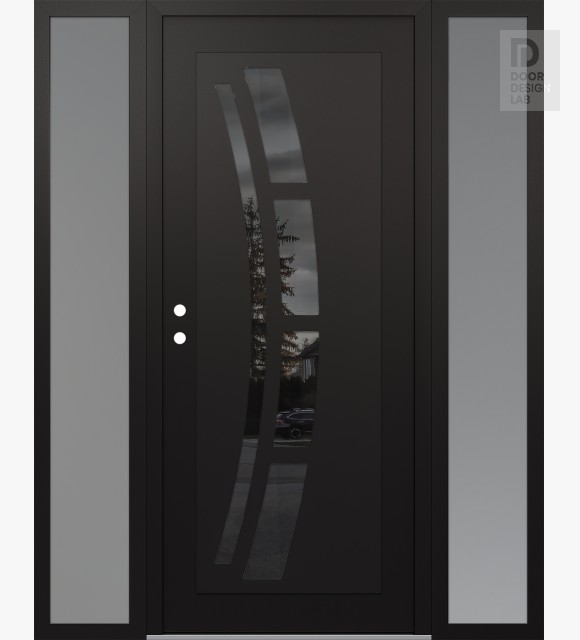 Modern Steel Front Door Diamond C12 60" x 80" black/black mirrored Glass Panel black RHI with 2 Sidelites frosted Glass