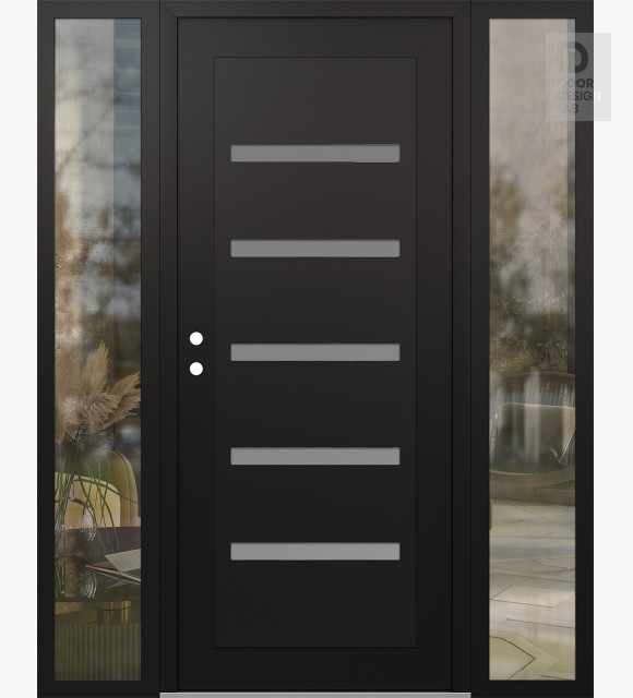 Modern Steel Front Door Diamond C7 68" x 80" black/white frosted Glass Panel black RHI with 2 Sidelites clear Glass