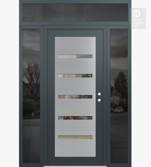 Modern Steel Front Door Diamond C7 64" x 96" anthracite/anthracite clear Glass Panel stainless steel LHI with 2 Sidelites and Transom mirrored Glass