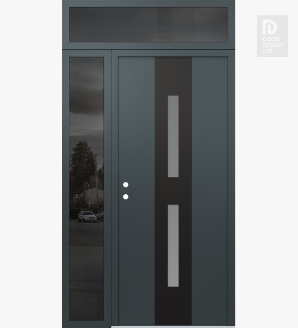 Modern Steel Front Door DIAMOND A6 50" X 96" ANTHRACITE/ANTHRACITE FROSTED GLASS PANEL BLACK RHI WITH SIDELITE AND TRANSOM MIRRORED GLASS