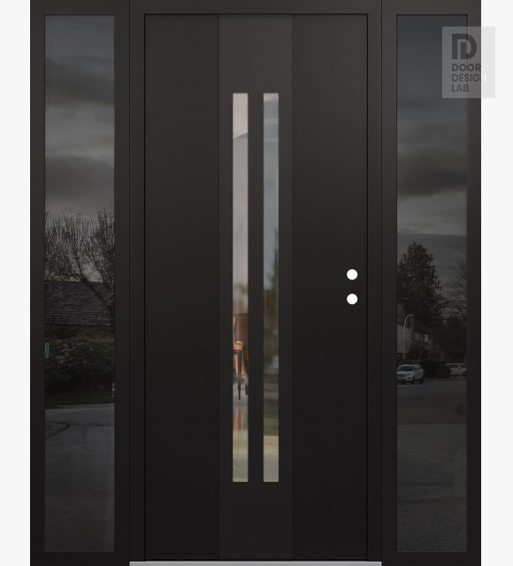 Modern Steel Front Door DIAMOND A8 64" X 80" BLACK/BLACK CLEAR GLASS PANEL BLACK LHI WITH 2 SIDELITES MIRRORED GLASS