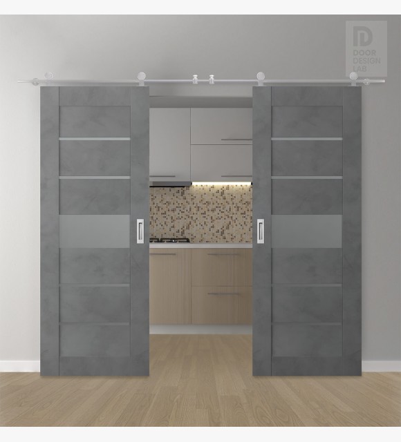 DOUBLE BARN DOOR AVON 07-06 VETRO DARK URBAN 48" X 84" X 1 3/4" STAINLESS STEEL HARDWARE