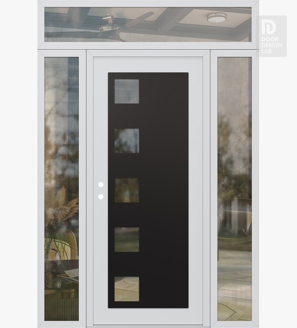 Modern Steel Front Door Diamond C5 68" x 96" white/white clear Glass Panel black RHI with 2 Sidelites and Transom clear Glass