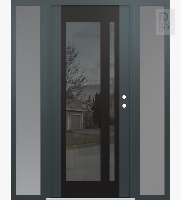 Modern Steel Front Door Diamond C15 64" x 80" anthracite/anthracite mirrored Glass Panel black LHI with 2 Sidelites frosted Glass