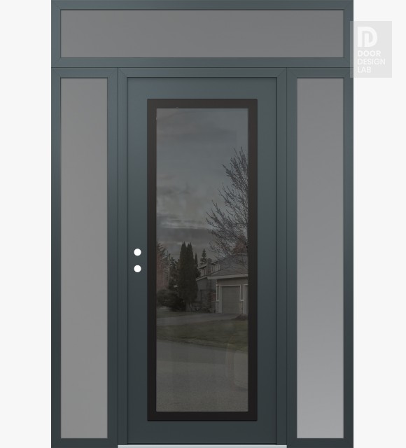 Modern Steel Front Door Diamond C1 64" x 96" anthracite/anthracite mirrored Glass Panel black RHI with 2 Sidelites and Transom frosted Glass