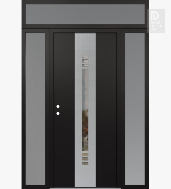 Modern Steel Front Door DIAMOND A5 60" X 96" BLACK/BLACK CLEAR GLASS PANEL STAINLESS STEEL RHI WITH 2 SIDELITES AND TRANSOM FROSTED GLASS