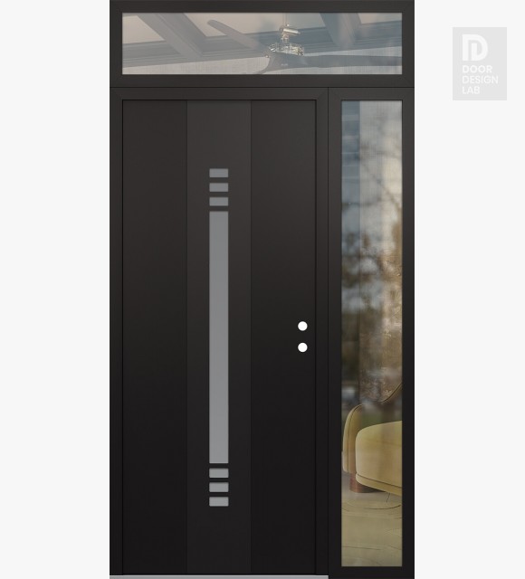 Modern Steel Front Door DIAMOND A5 48" X 96" BLACK/WHITE FROSTED GLASS PANEL BLACK LHI WITH SIDELITE AND TRANSOM CLEAR GLASS