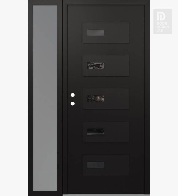 Modern Steel Front Door Diamond D7 48" x 80" black/black mirrored Glass Panel black RHI with Sidelite frosted Glass