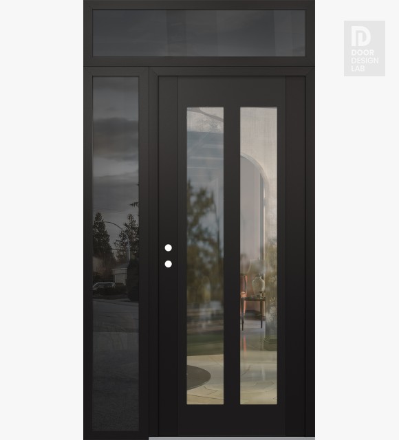 Modern Steel Front Door Diamond C14 52" x 96" black/black clear Glass Panel black RHI with Sidelite and Transom mirrored Glass