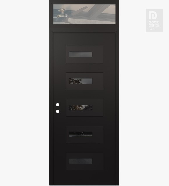 Modern Steel Front Door Diamond D6 36" x 96" black/black mirrored Glass Panel black RHI with Transom clear Glass
