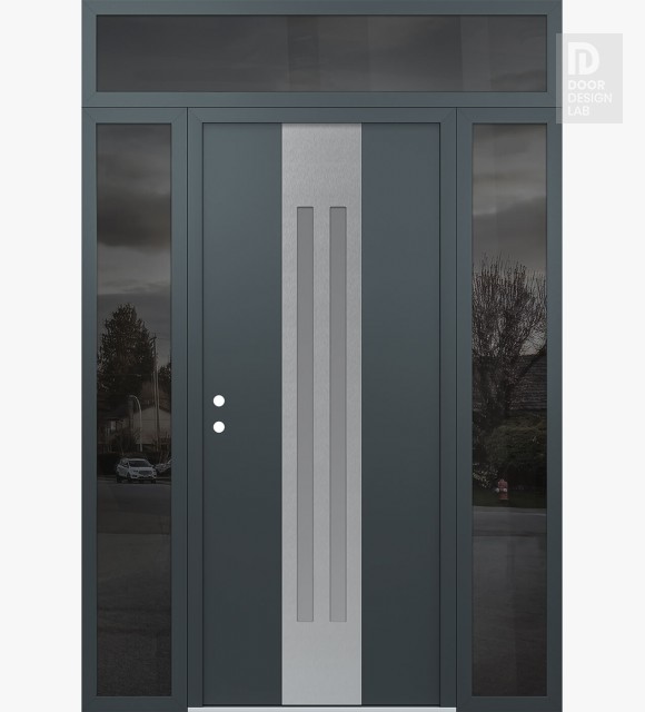 Modern Steel Front Door DIAMOND A8 68" X 96" ANTHRACITE/ANTHRACITE FROSTED GLASS PANEL STAINLESS STEEL RHI WITH 2 SIDELITES AND TRANSOM MIRRORED GLASS