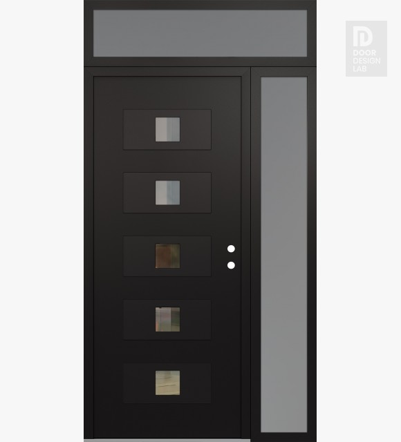 Modern Steel Front Door Diamond D8 50" x 96" black/black clear Glass Panel black LHI with Sidelite and Transom frosted Glass