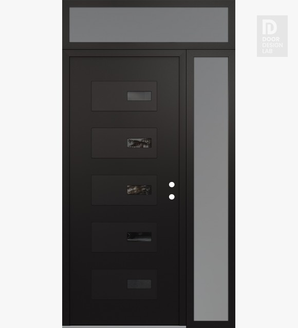 Modern Steel Front Door Diamond D7 50" x 96" black/black mirrored Glass Panel black LHI with Sidelite and Transom frosted Glass