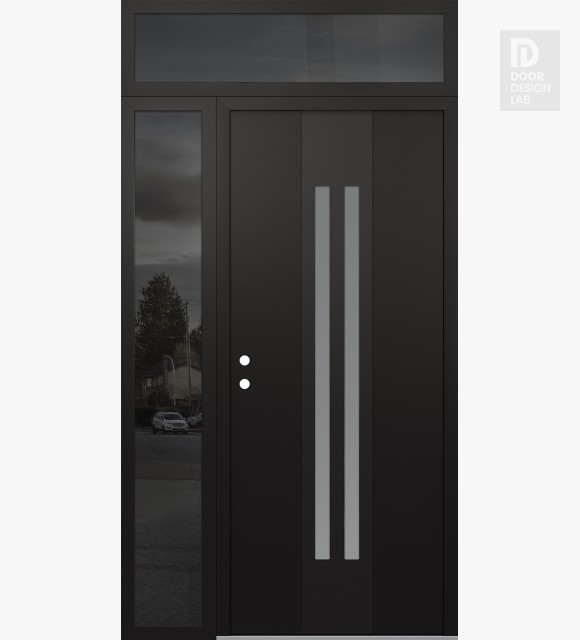 Modern Steel Front Door DIAMOND A8 52" X 96" BLACK/WHITE FROSTED GLASS PANEL BLACK RHI WITH SIDELITE AND TRANSOM MIRRORED GLASS