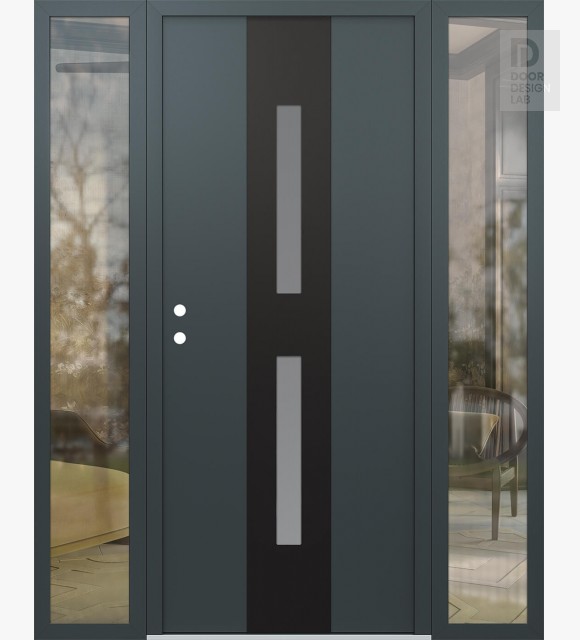 Modern Steel Front Door DIAMOND A6 68" X 80" ANTHRACITE/ANTHRACITE FROSTED GLASS PANEL BLACK RHI WITH 2 SIDELITES CLEAR GLASS