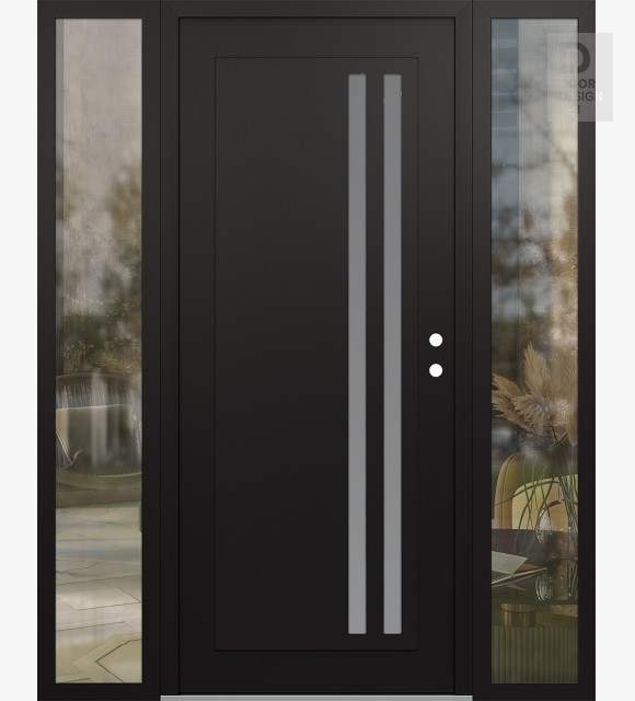 Modern Steel Front Door Diamond C6 64" x 80" black/white frosted Glass Panel black LHI with 2 Sidelites clear Glass