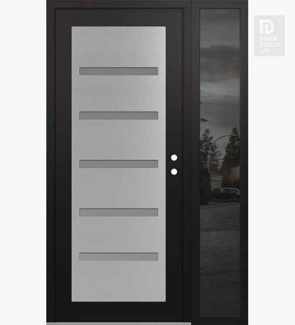 Modern Steel Front Door Diamond C7 52" x 80" black/white frosted Glass Panel stainless steel LHI with Sidelite mirrored Glass