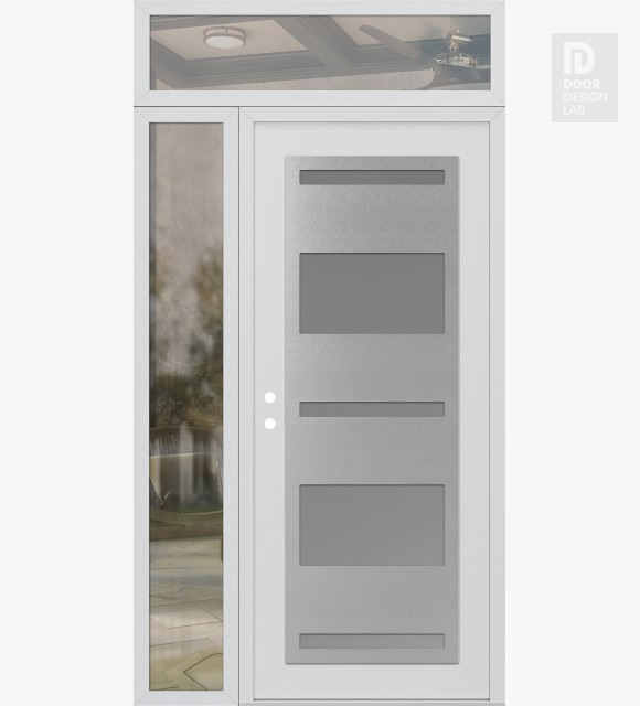 Modern Steel Front Door Diamond C10 48" x 96" white/white frosted Glass Panel stainless steel RHI with Sidelite and Transom clear Glass