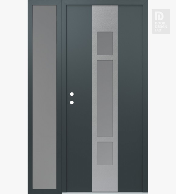 Modern Steel Front Door DIAMOND A9 48" X 80" ANTHRACITE/ANTHRACITE FROSTED GLASS PANEL STAINLESS STEEL RHI WITH SIDELITE FROSTED GLASS