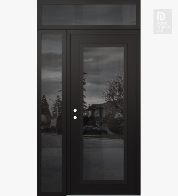 Modern Steel Front Door Diamond C1 52" x 96" black/black mirrored Glass Panel black RHI with Sidelite and Transom mirrored Glass