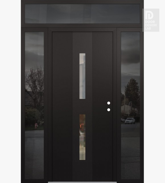 Modern Steel Front Door DIAMOND A6 64" X 96" BLACK/BLACK CLEAR GLASS PANEL BLACK LHI WITH 2 SIDELITES AND TRANSOM MIRRORED GLASS