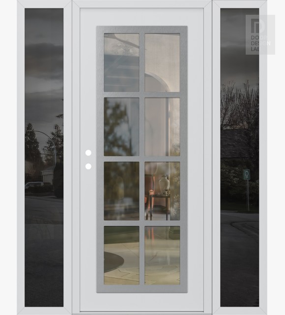 Modern Steel Front Door Diamond C16 60" x 80" white/white clear Glass Panel stainless steel RHI with 2 Sidelites mirrored Glass
