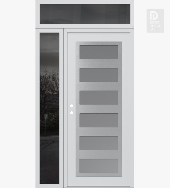 Modern Steel Front Door Diamond C9 50" x 96" white/white frosted Glass Panel stainless steel RHI with Sidelite and Transom mirrored Glass