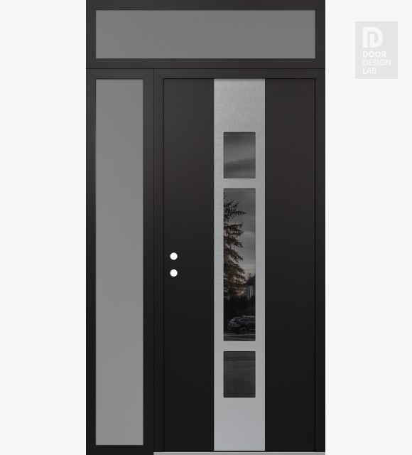 Modern Steel Front Door DIAMOND A9 48" X 96" BLACK/BLACK MIRRORED GLASS PANEL STAINLESS STEEL RHI WITH SIDELITE AND TRANSOM FROSTED GLASS