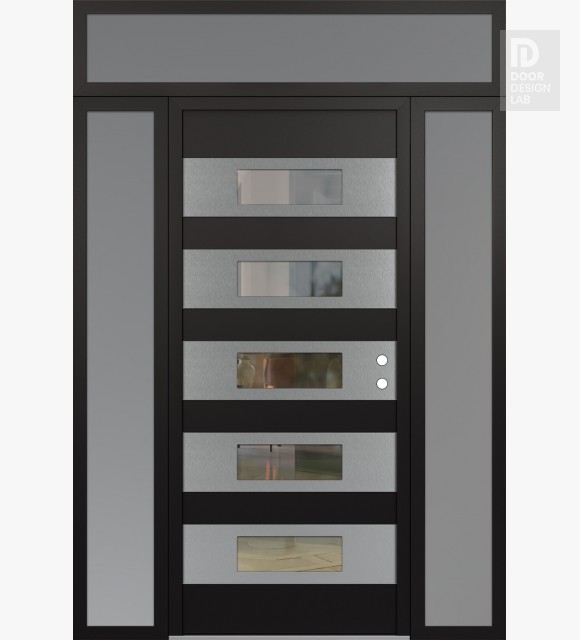 Modern Steel Front Door Diamond D5 68" x 96" black/black clear Glass Panel stainless steel LHI with 2 Sidelites and Transom frosted Glass