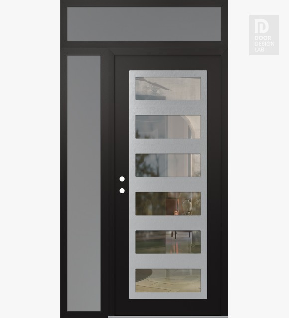 Modern Steel Front Door Diamond C9 52" x 96" black/black clear Glass Panel stainless steel RHI with Sidelite and Transom frosted Glass