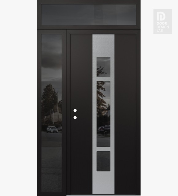 Modern Steel Front Door DIAMOND A9 50" X 96" BLACK/BLACK MIRRORED GLASS PANEL STAINLESS STEEL RHI WITH SIDELITE AND TRANSOM MIRRORED GLASS