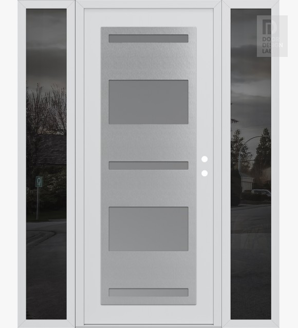 Modern Steel Front Door Diamond C10 64" x 80" white/white frosted Glass Panel stainless steel LHI with 2 Sidelites mirrored Glass