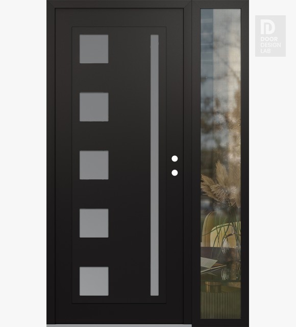 Modern Steel Front Door Diamond C3 52" x 80" black/white frosted Glass Panel black LHI with Sidelite clear Glass