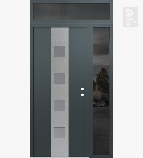 Modern Steel Front Door DIAMOND A12 48" X 96" ANTHRACITE/ANTHRACITE FROSTED GLASS PANEL STAINLESS STEEL LHI WITH SIDELITE AND TRANSOM MIRRORED GLASS