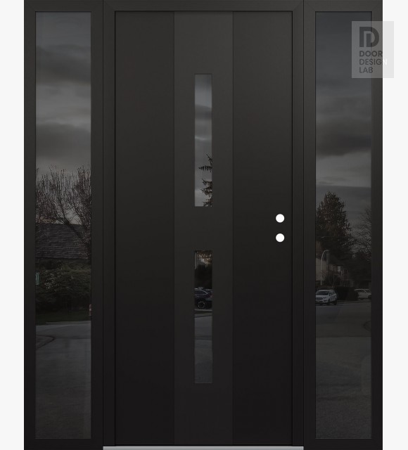 Modern Steel Front Door DIAMOND A6 64" X 80" BLACK/BLACK MIRRORED GLASS PANEL BLACK LHI WITH 2 SIDELITES MIRRORED GLASS
